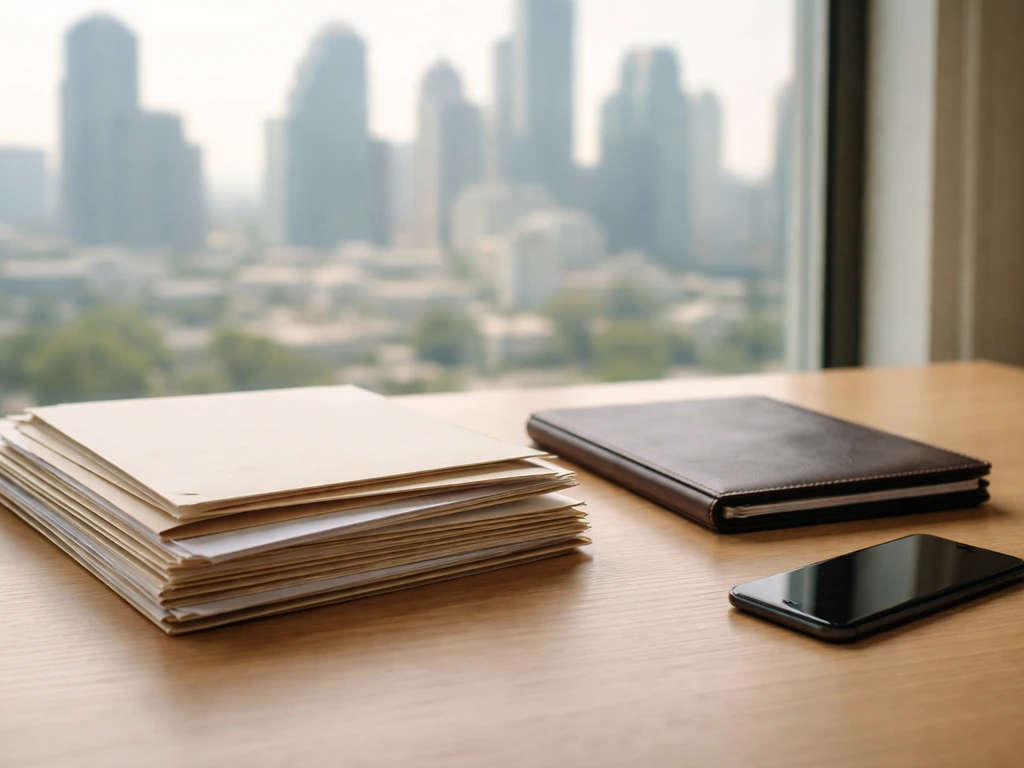 Minimal desk scene with property deed folders and an investment portfolio notebook, suggesting real estate investing.