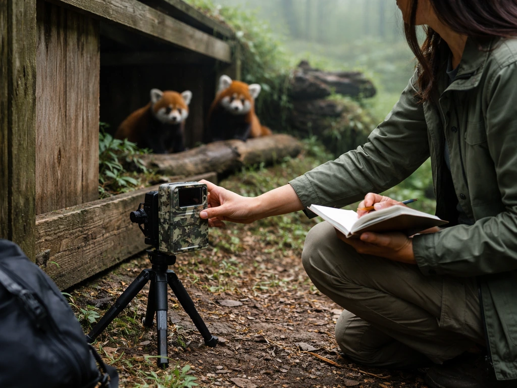 Anonymous conservation worker adjusting a camera trap in a forest enclosure with red pandas nearby.
