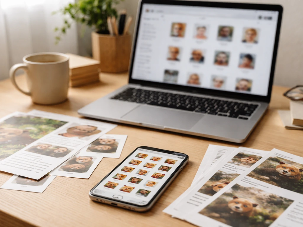 Office desk with scattered printouts and a smartphone showing red-panda–themed profile icons, suggesting identity mix-up
