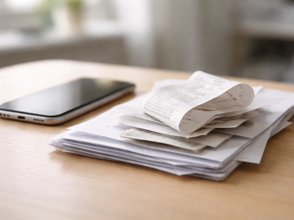 Close-up of scattered paper receipts and a smartphone on a desk, suggesting unreliable financial estimates