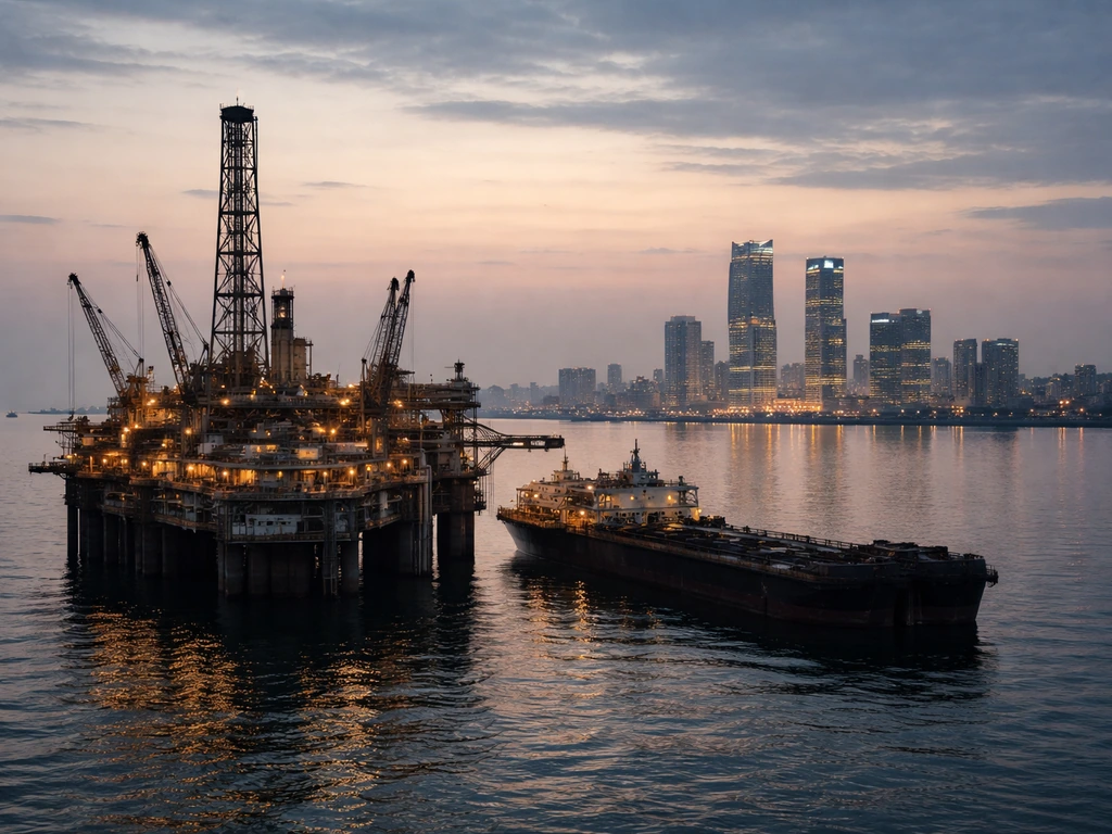 Editorial photo of a West African industrial coastline with offshore rigs and a modern skyline at dusk