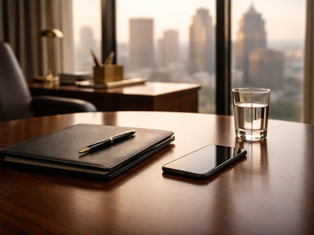 Minimal luxury office desk with warm light and blurred skyline, symbolizing executive wealth and finance