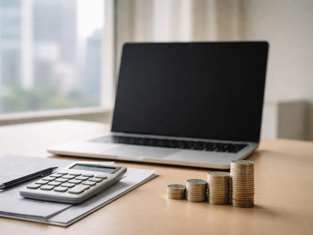 Minimal photo of a tidy office desk with a laptop and a calculator beside neatly stacked coins for a wealth comparison.