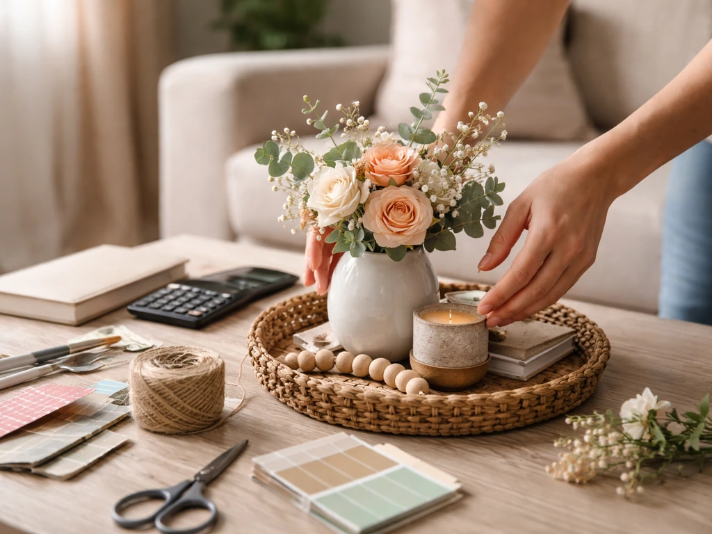 Hands arranging DIY home decor on a small coffee table with a calculator and cash nearby, minimal cozy room
