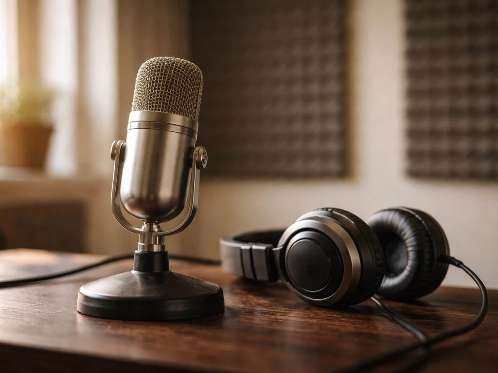 Music studio scene with a sleek microphone on a desk, symbolizing an English singer-songwriter’s profile