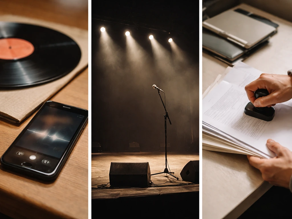 Triptych split image: vinyl and phone for music, empty stage for touring, blank stamped papers for royalties.