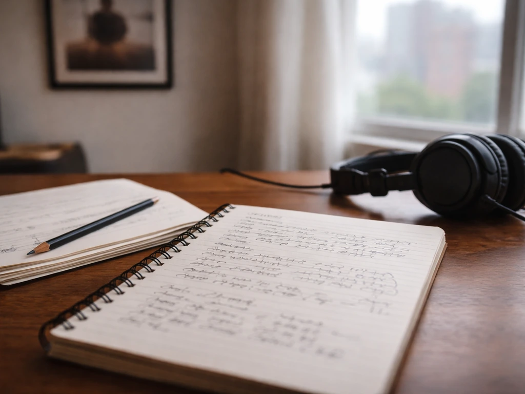 Open handwritten lyrics notebook and music tools on a wooden desk, symbolizing songwriting and publishing.