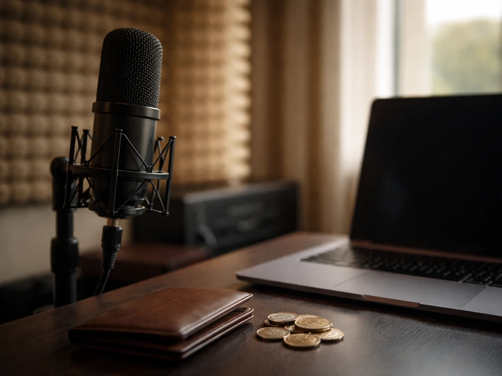 Luxury recording studio desk with a microphone, a leather wallet, and a few coins, symbolizing estimated wealth