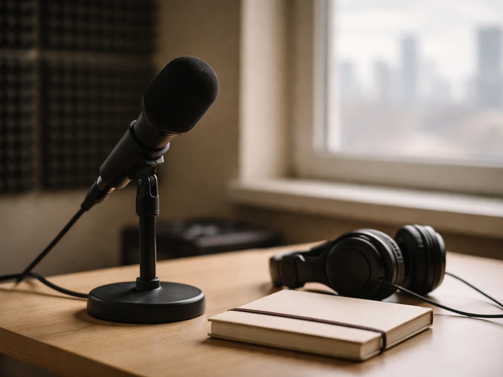Black studio microphone and headphones on a desk by a window, suggesting media and identity disambiguation.