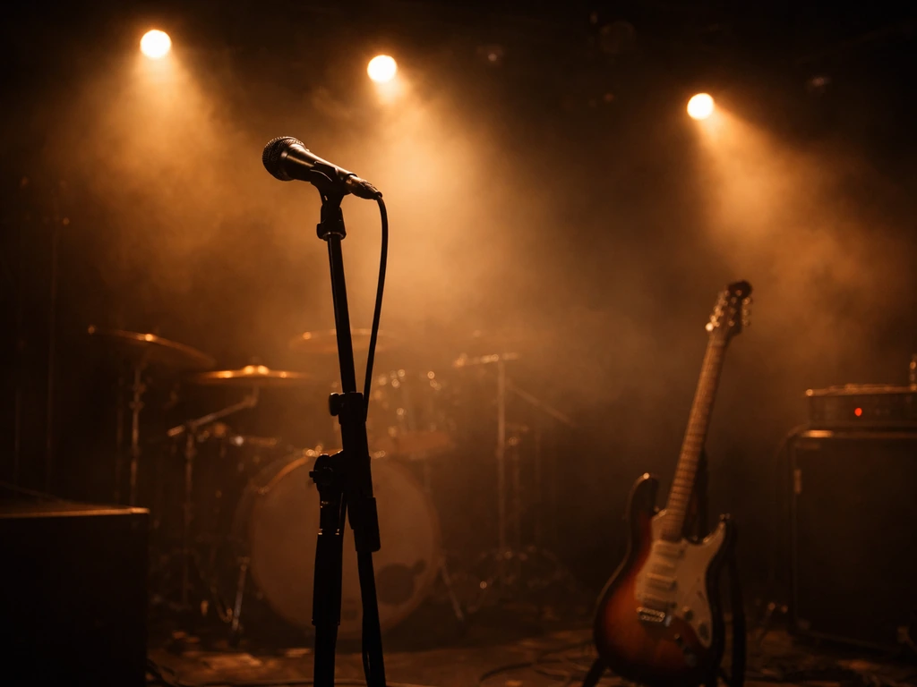Warm-lit concert stage with microphone stand and instruments, conveying live music income.