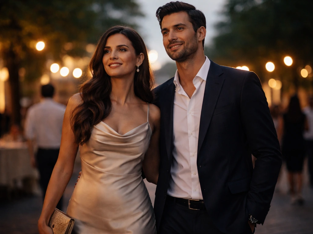 Couple in elegant evening attire standing together at an outdoor event, softly lit background
