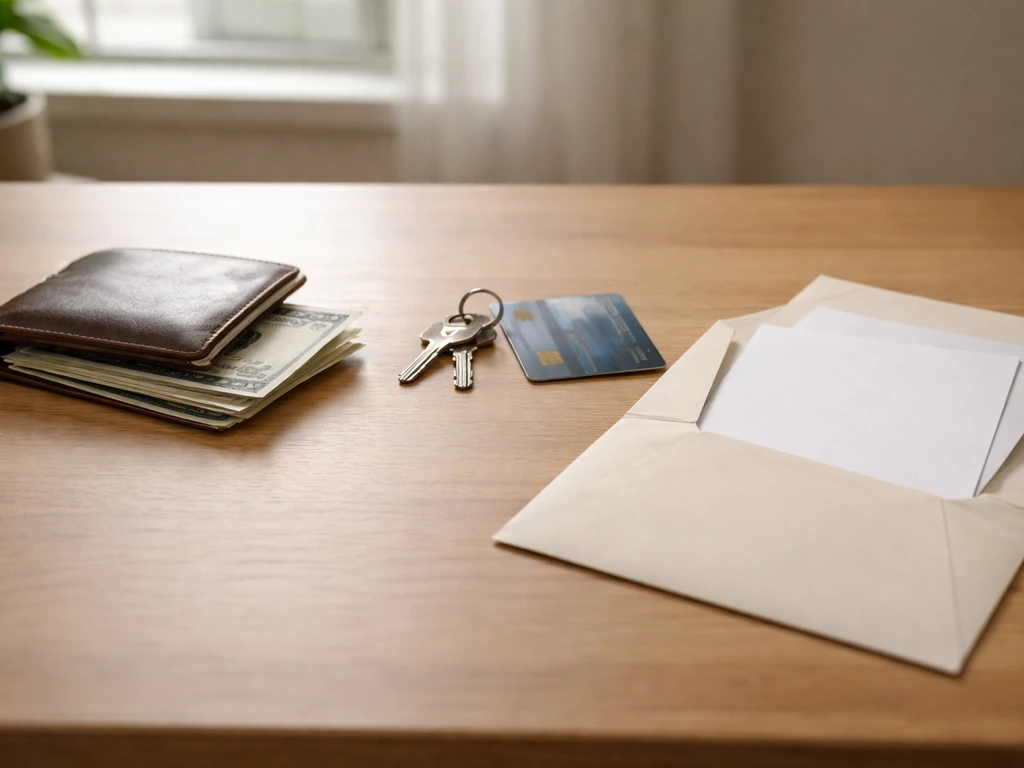 Desk scene with wallet and cash next to an open envelope of blank papers, symbolizing assets and liabilities.
