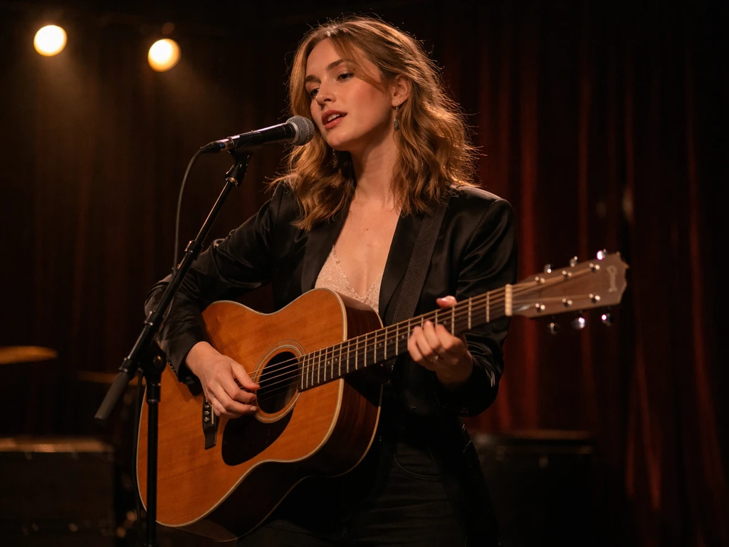 Anonymous singer-songwriter performing with an acoustic guitar near a microphone in a small venue.