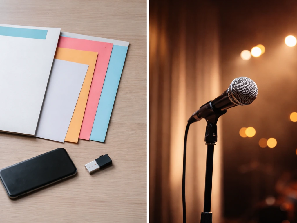 Split photo: vinyl and music gear on one side, a stage microphone with warm concert lights on the other.