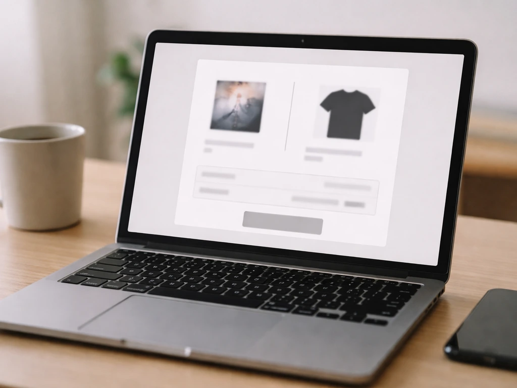 Close-up of a laptop checkout page with merch thumbnails and a payment form, no readable text.
