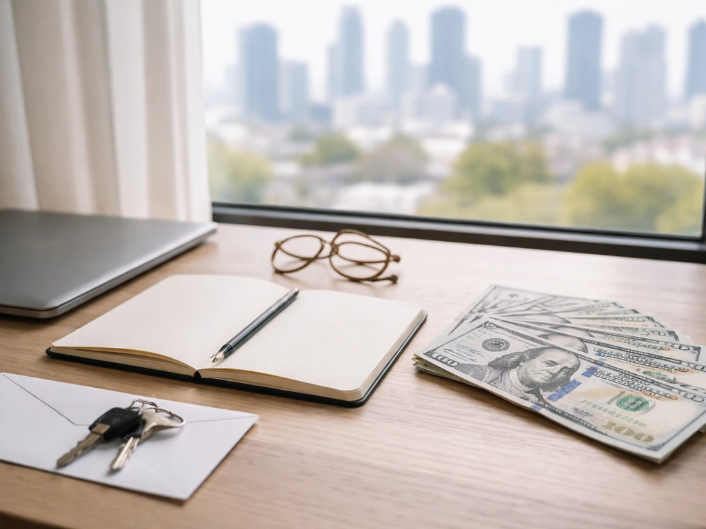 Minimal desk scene with a closed laptop and scattered cash near a blurred city view, suggesting net worth range assumpti