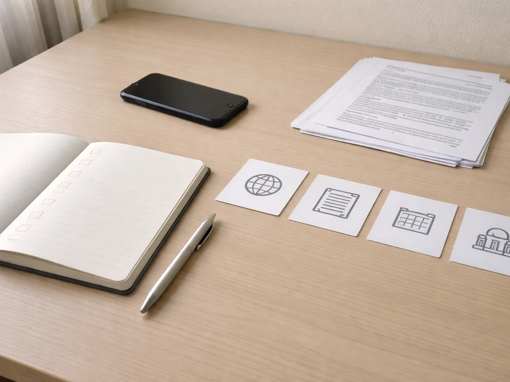 Minimal desk scene with neatly arranged verification items suggesting official sources and public records
