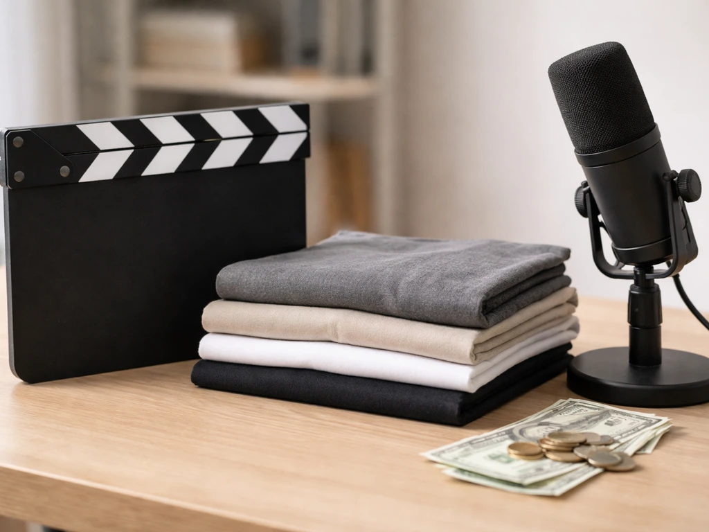 Minimal desk scene with a clapperboard, folded merchandise-style items, and cash near a studio microphone