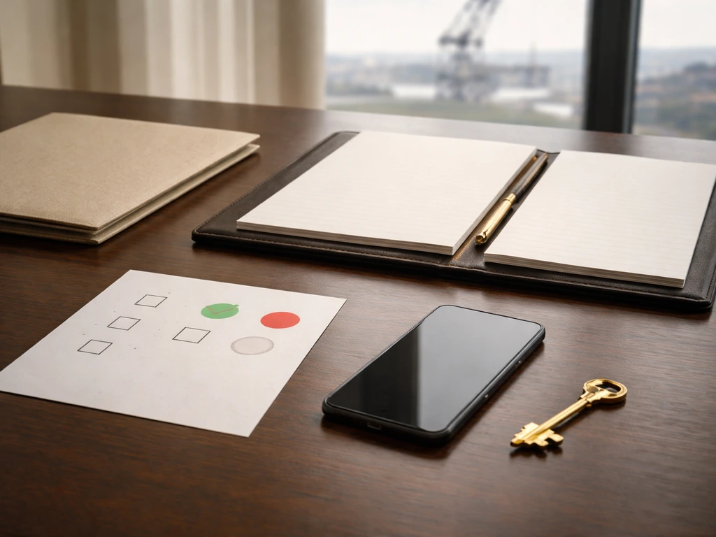 Minimal office desk with blank verification checkboxes and shipyard view through window.