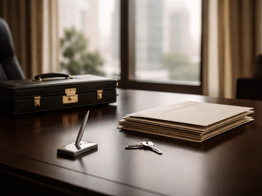 Minimal upscale office desk with briefcase and folders, symbolizing executive compensation and wealth.