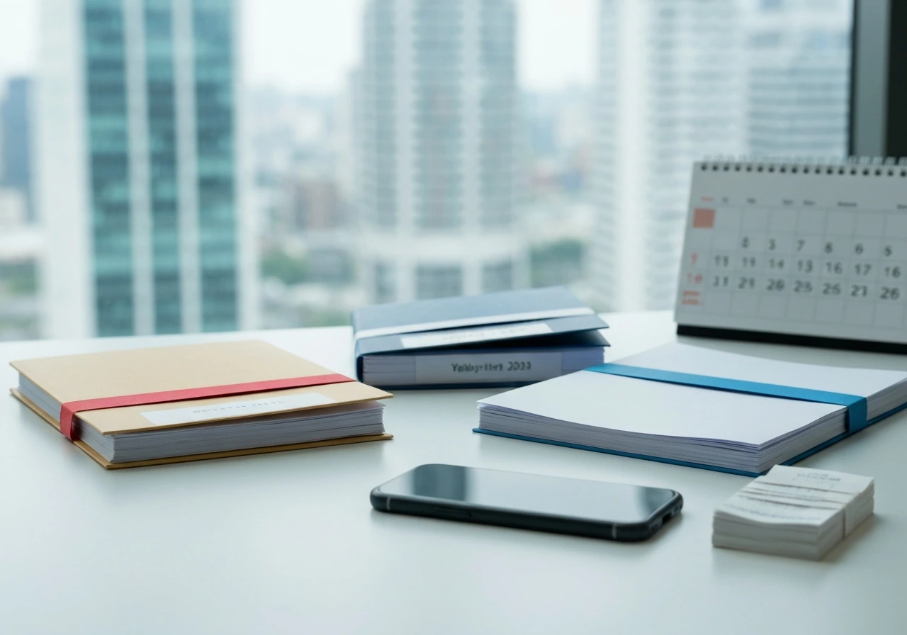 Office desk with blank documents, receipts, and phone symbolizing differing financial estimates and methods.