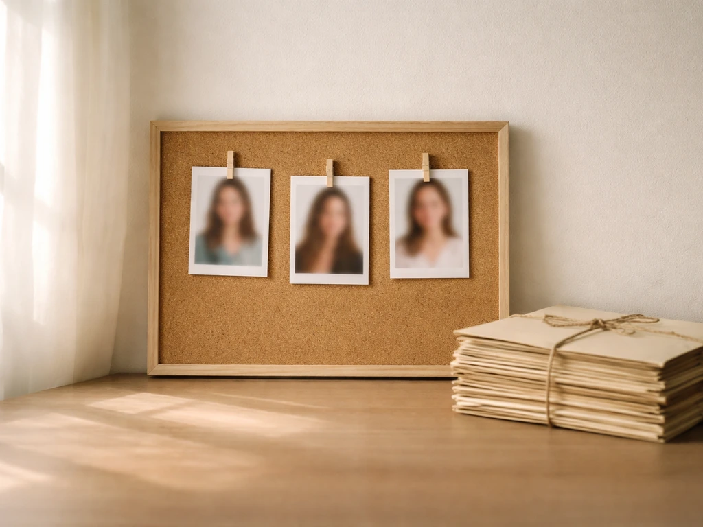 A minimal tabletop scene with blurred clipped photo cards and old documents tied with twine.