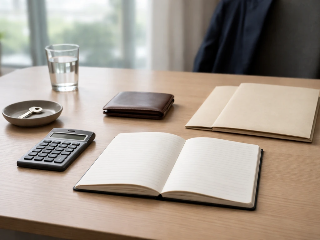 Minimal photo of a desk with a notebook, calculator, and wallet symbolizing assets minus liabilities
