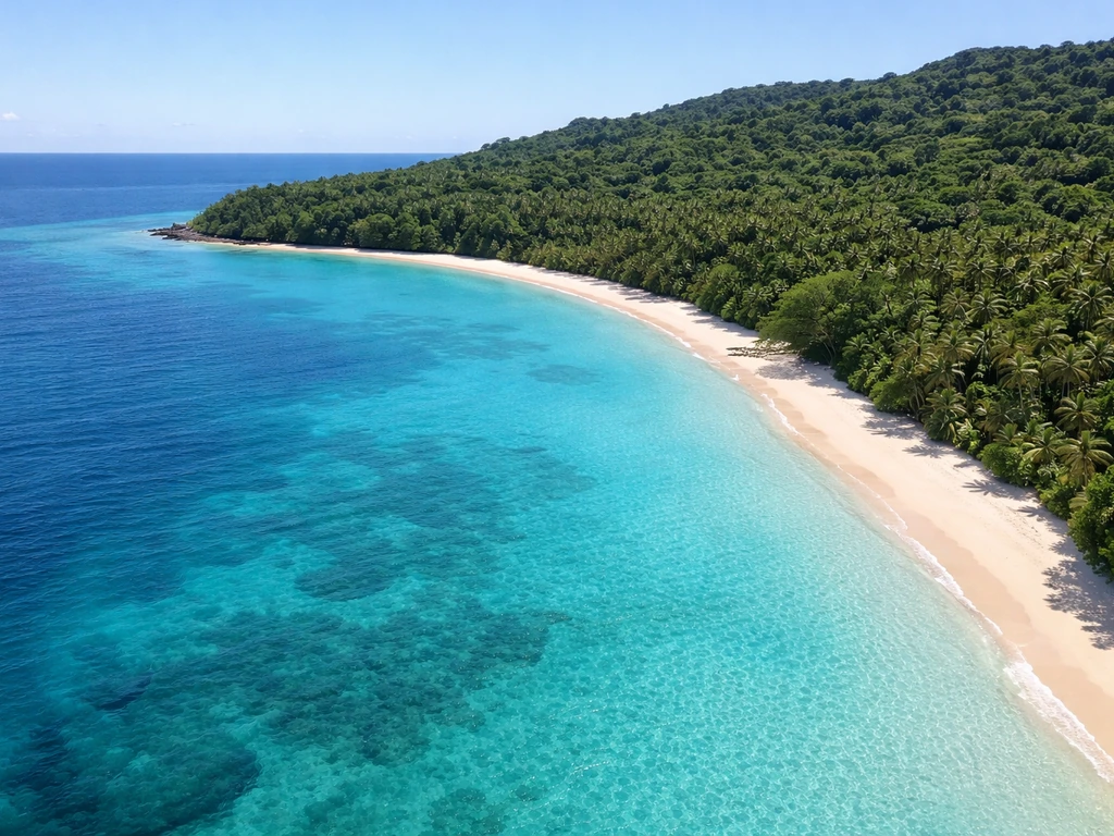 Aerial view of Wakaya Island, Fiji—turquoise water and sandy shoreline with lush greenery.