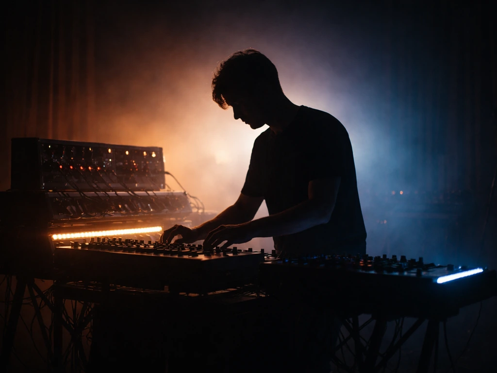 Silhouetted electronic musician in a moody synth studio with glowing lights and haze, suggesting long-term music wealth