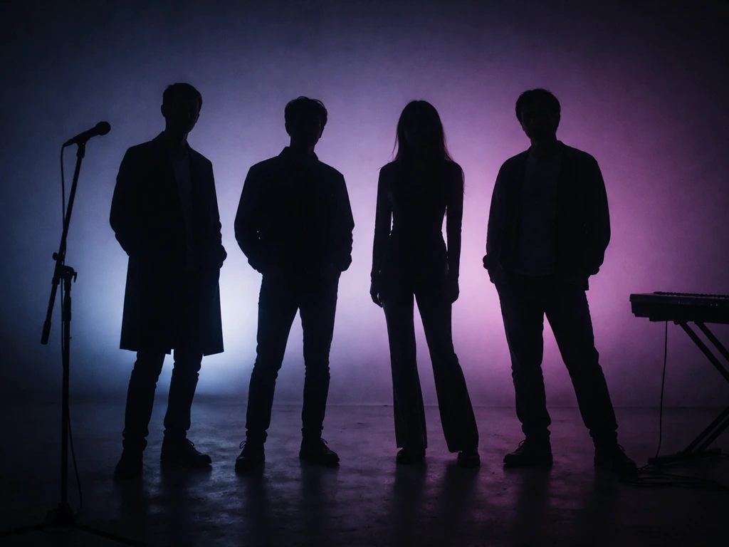Four distinct silhouettes in coordinated outfits inside a minimalist studio, suggesting an electronic band