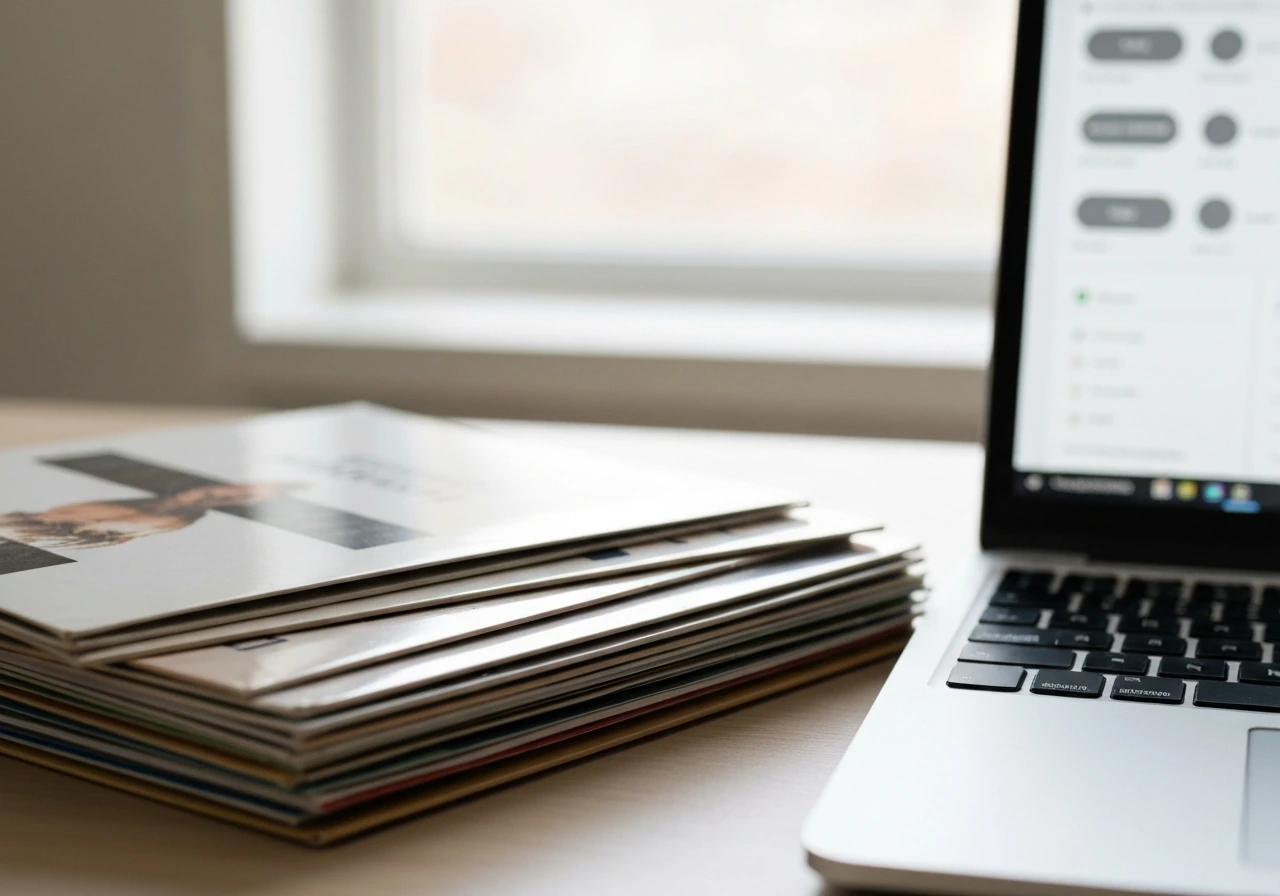 Vinyl album sleeves on a desk beside a laptop with a blurred, non-text royalty dashboard.