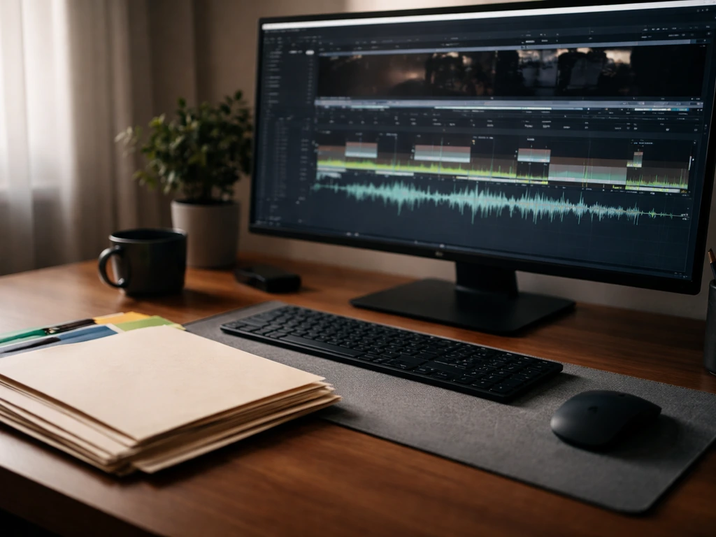 Minimal desk scene with an editing timeline on a monitor and a generic licensing paperwork folder.