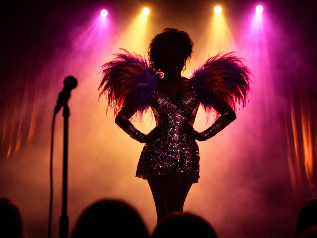 Colorful drag-themed performer silhouette under stage lights on a media theater set
