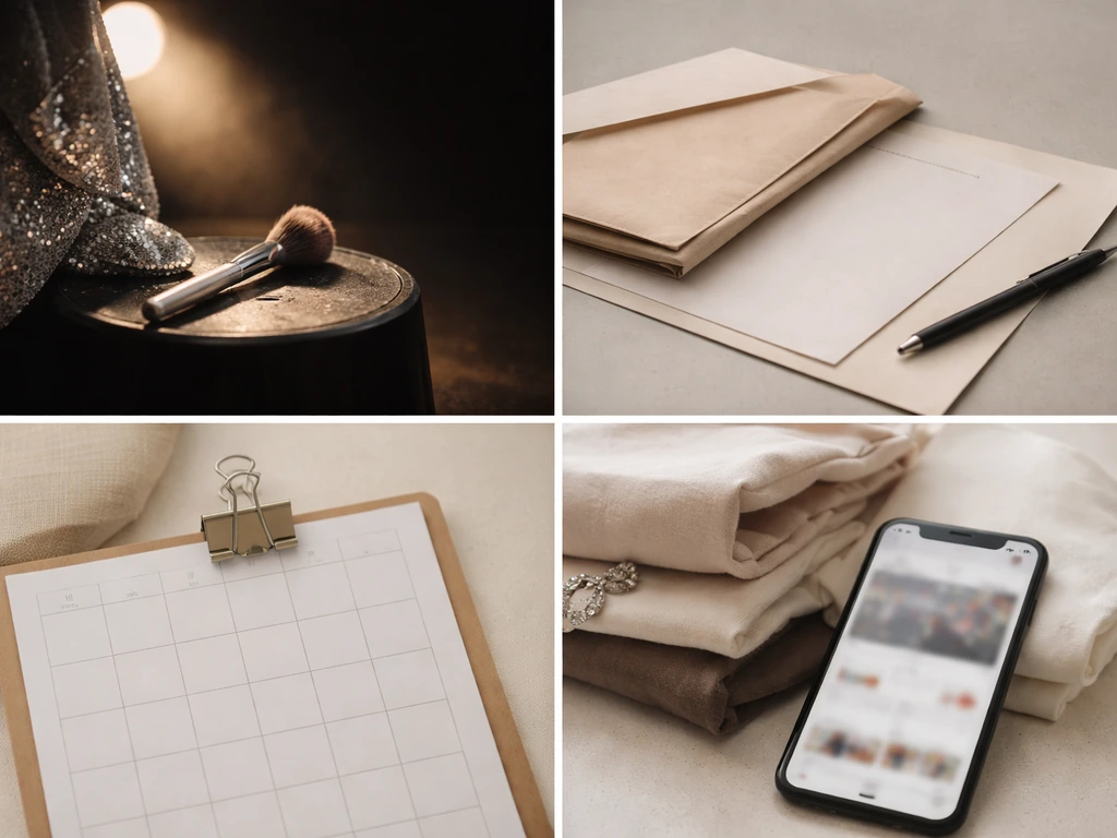 Minimal photo collage showing stage spotlight, contract papers, blank booking calendar, and creator merch.