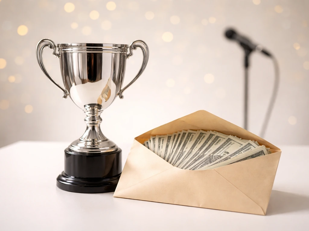 Sparkling trophy and a neatly arranged cash envelope on a studio desk under natural light.