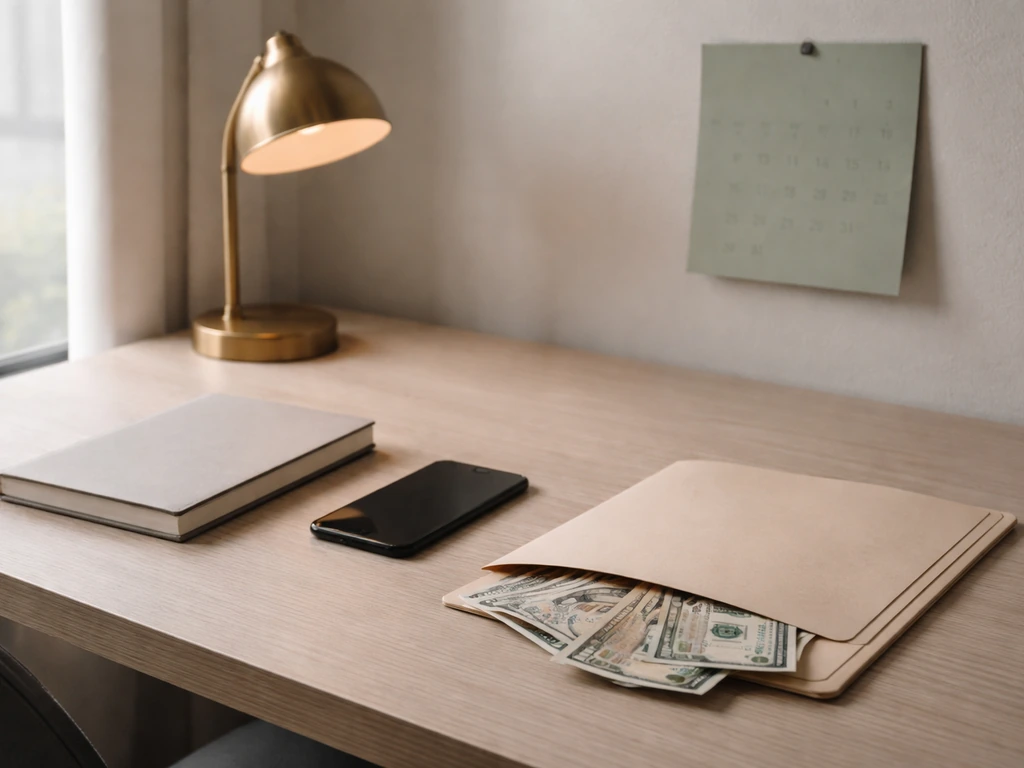 Minimal desk with cash and an unreadable calendar page suggesting a June 2026 net worth range.