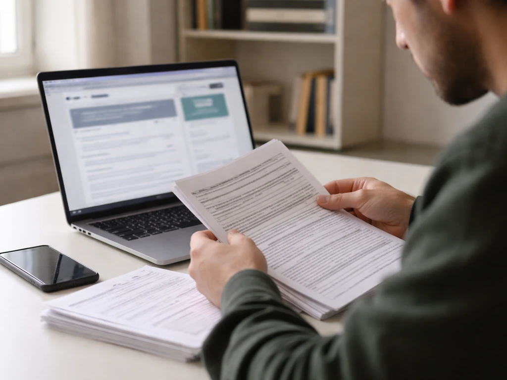 Person at a desk reviewing printed public record documents and a laptop with open music label pages