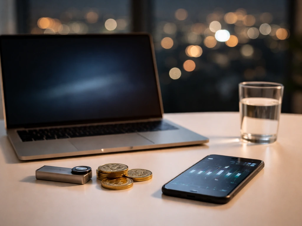 Crypto-themed creator setup: laptop, hardware wallet, and warm city light reflecting wealth and analysis