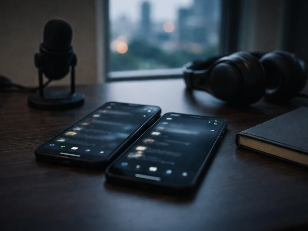 Moody home desk with two blurred phones and media gear, symbolizing uncertain online crypto identity.