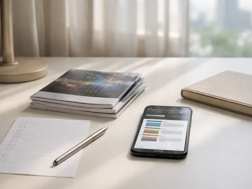 Minimal desk scene with course materials and a smartphone suggesting trading education, no readable text.