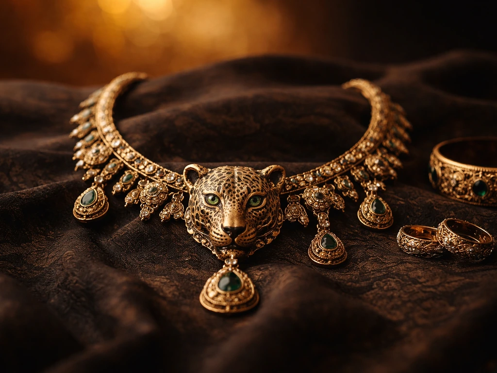 Royal-inspired leopard emblem jewelry on a dark ceremonial fabric, suggesting a heritage title and public presence.
