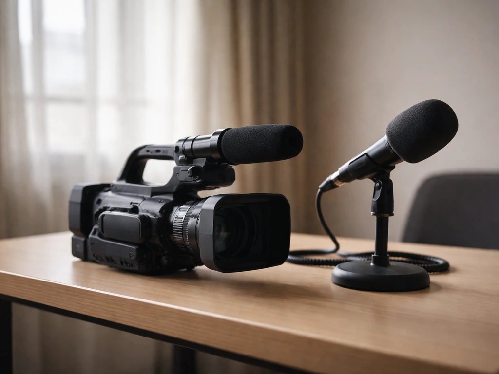 Candid office scene with a videocamera and microphone, suggesting a media keynote appearance