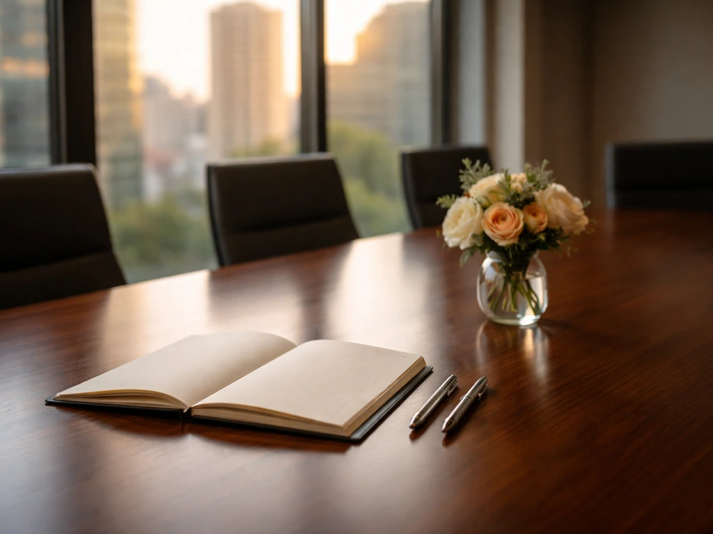 Minimal boardroom scene with open notebook and pens, symbolizing nonprofit leadership and planning.