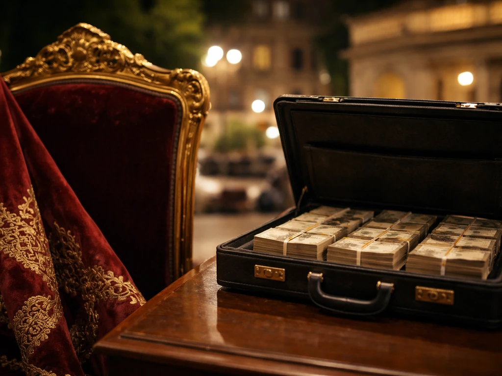 Velvet ceremonial chair beside a leather briefcase with bundled cash in a softly lit public setting.
