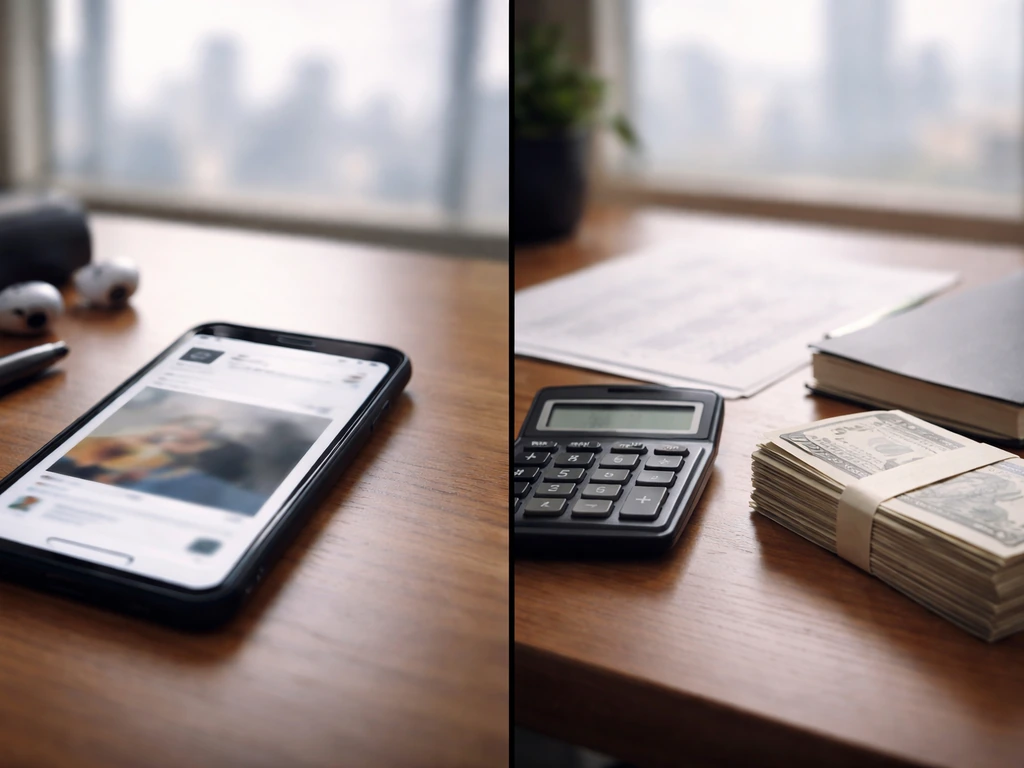 Split-screen desk scene with a smartphone, calculator, and money envelopes symbolizing net worth estimation.