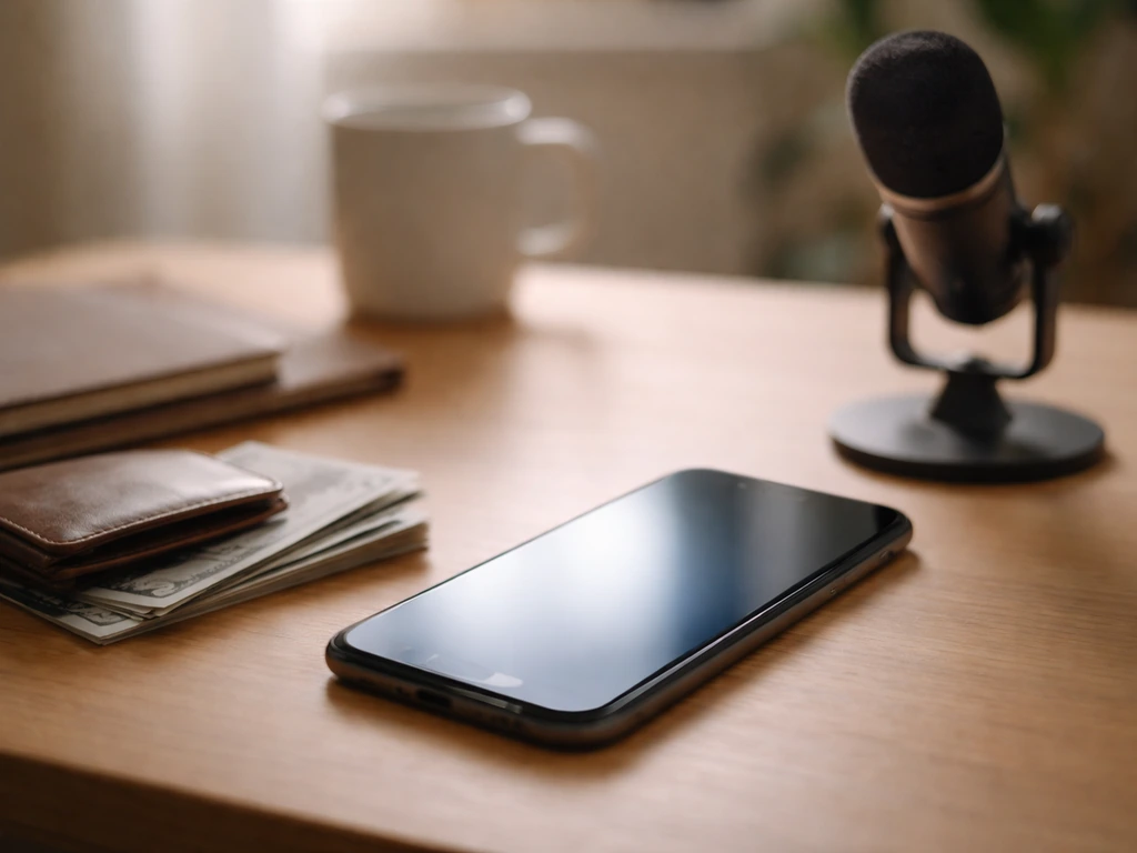 Minimal desk scene with a smartphone displaying a video feed glow, symbolizing a TikTok creator’s brand and net worth in