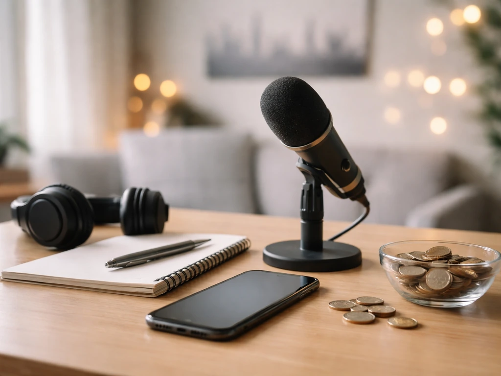 Home studio desk with smartphone and microphone, coins in glass bowl, symbolizing TikTok monetization