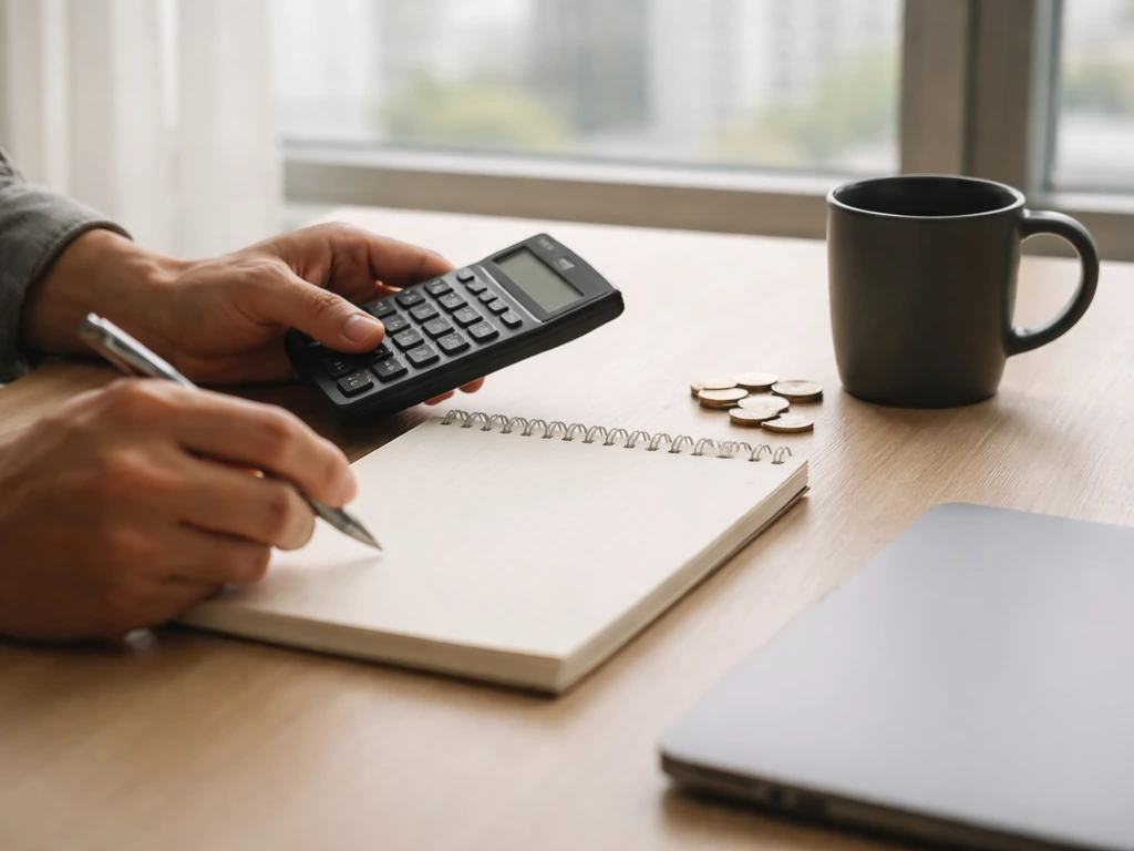 Anonymous desk scene with calculator, coins, and laptop near a window, suggesting budgeting and net worth ranges.