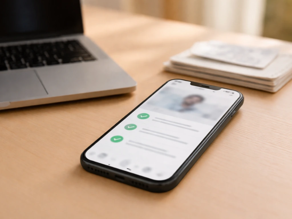 Minimal smartphone mockup showing a checklist-style verification workflow over a blurred social profile screen.