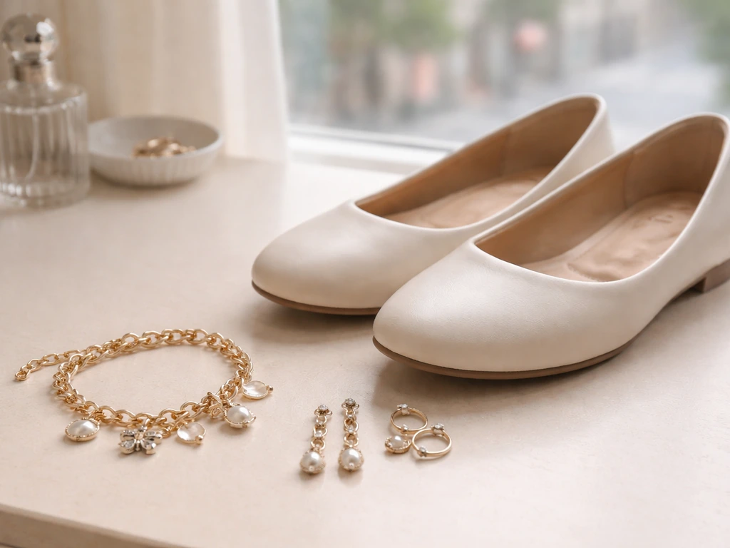 Close-up of gold jewelry and women’s flats with cushioned insoles on a bright vanity.